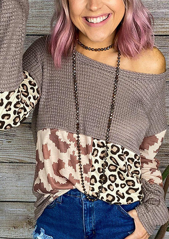 

Leopard Cow Splicing Long Sleeve Blouse - Light Coffee, 480645