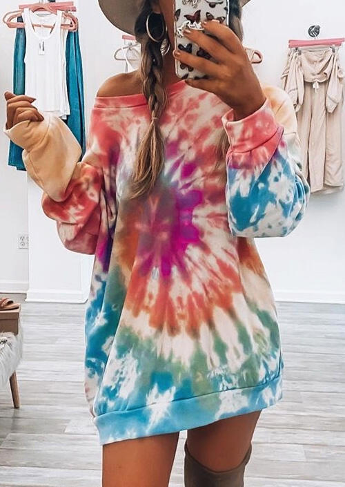 

Tie Dye O-Neck Mini Sweatshirt Dress, Multicolor, 480669