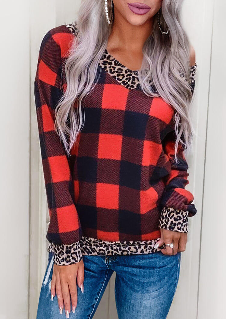 

Plaid Leopard Splicing Long Sleeve Blouse, 480774