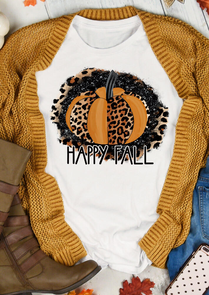 

Happy Fall Leopard Pumpkin T-Shirt Tee - White, 480942