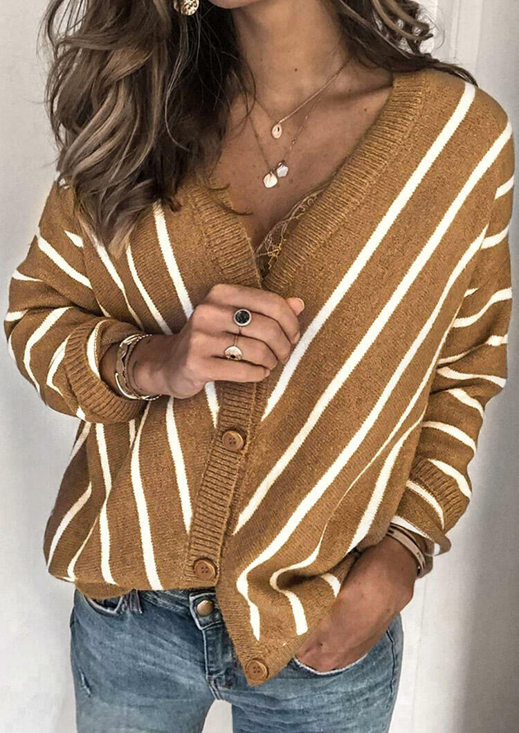 

Striped Splicing Button V-Neck Knitted Sweater - Khaki, 481222