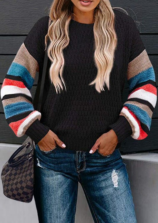

Colorful Serape Striped Splicing Knitted Sweater - Black, 478930