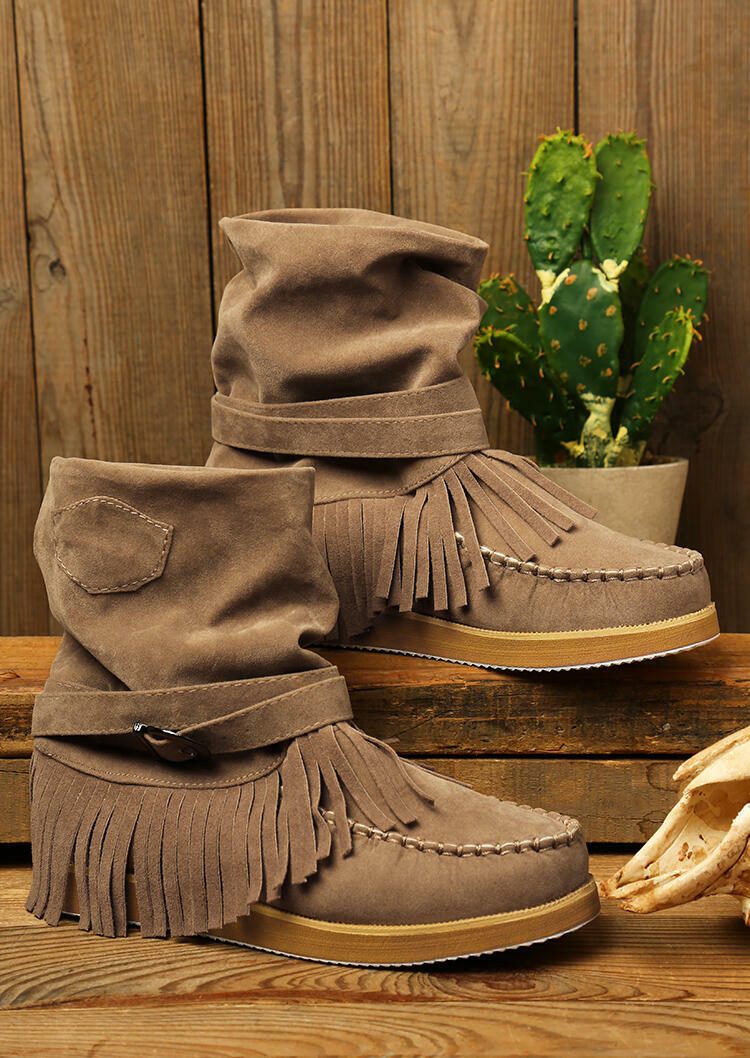 

Vintage Tassel Buckle Round Toe Flat Boots - Light Coffee, 480029