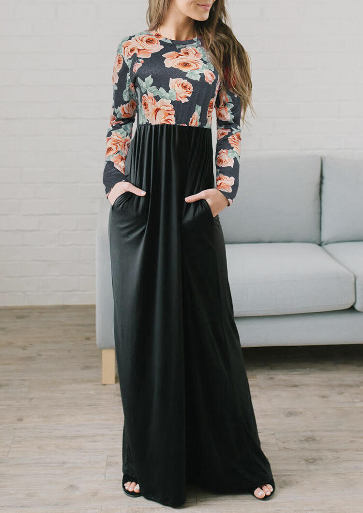 

Elegant Floral Splicing Pocket Maxi Dress - Black, 480681