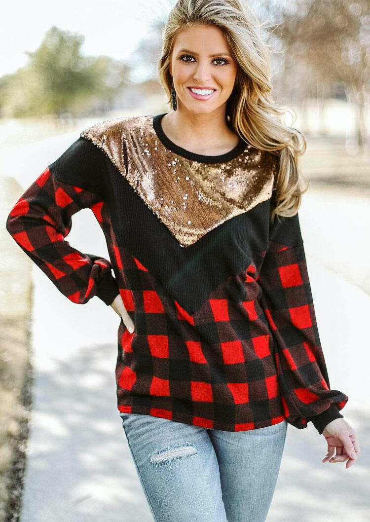 

Buffalo Plaid Splicing Sequined Long Sleeve Blouse - Red, 480699