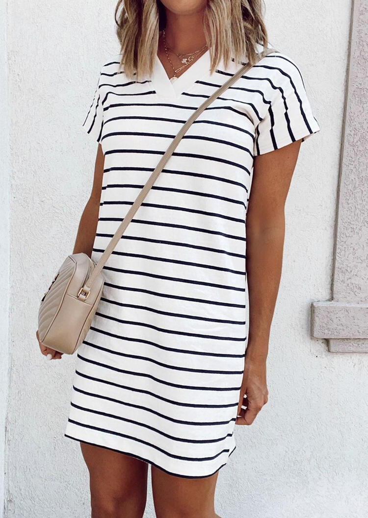 

Striped V-Neck Mini Dress, Stripe, 481338