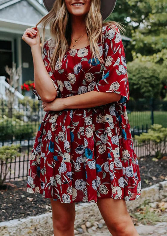 

Floral Ruffled Babydoll Loose Mini Dress - Red, 481346
