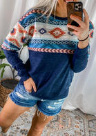 Aztec Geometric Western Cowgirl T-Shirt Tee - Blue