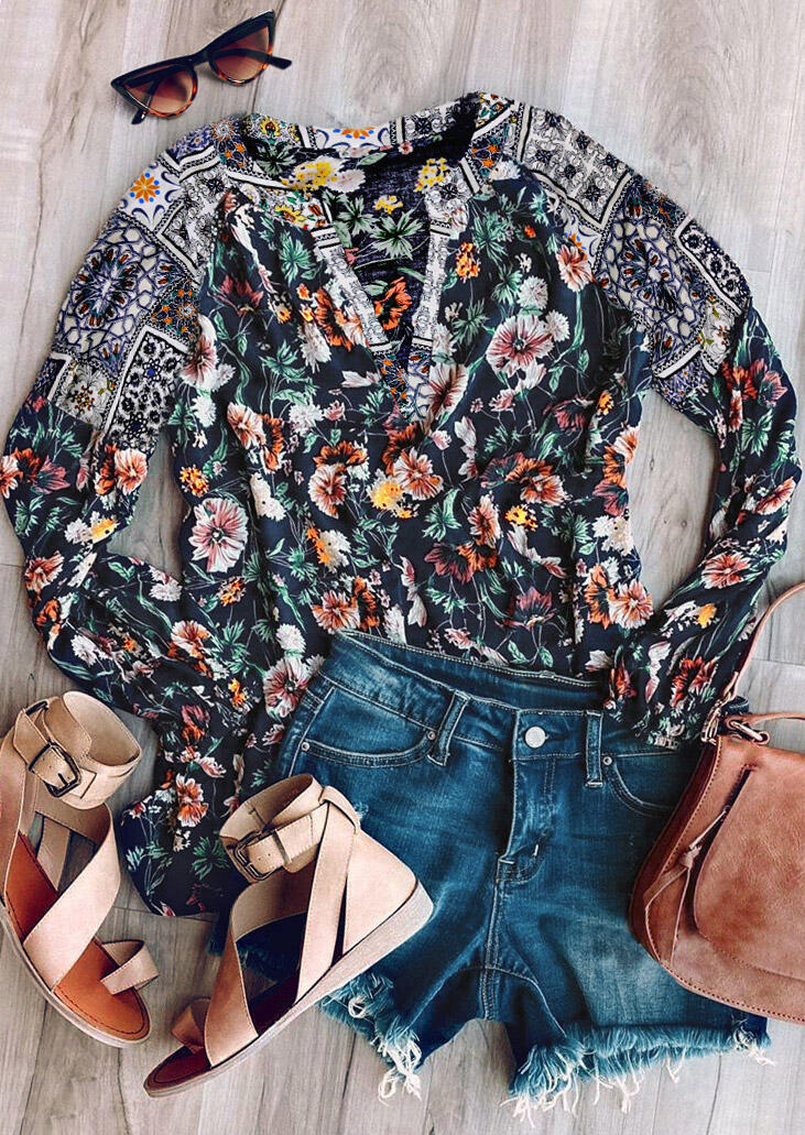 

Floral Elastic Cuff Blouse - Navy Blue, 481175