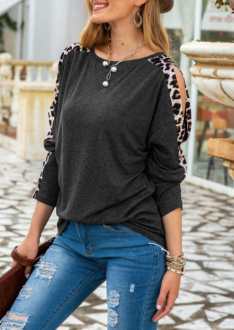 

Leopard Hollow Out Slit Blouse - Gray, 481234