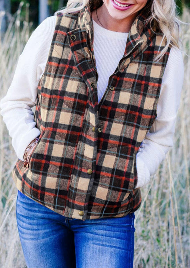 

Winter Warm Plaid Button Pocket Sleeveless Vest Coat, 481472