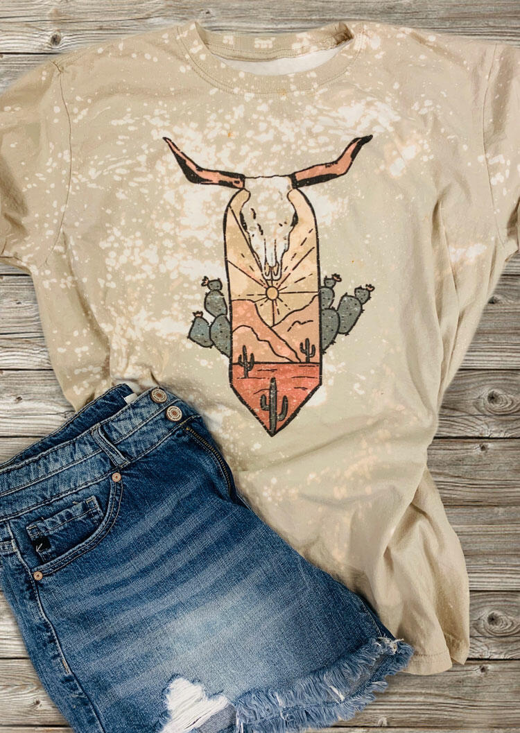 

Steer Skull Cactus Bleached T-Shirt Tee - Light Khaki, 481553