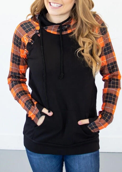 

Plaid Splicing Drawstring Kangaroo Pocket Thumbhole Hoodie - Black, 480817