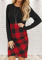 Plaid Splicing Ruched Long Sleeve Bodycon Dress