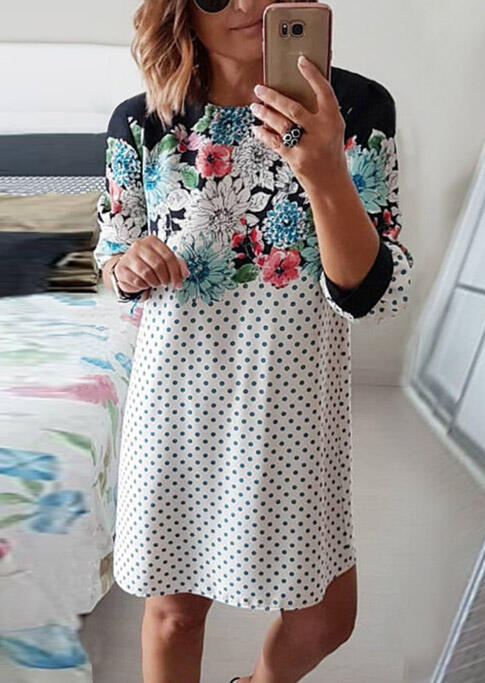 

Polka Dot Floral Splicing O-Neck Mini Dress, Multicolor, 481467