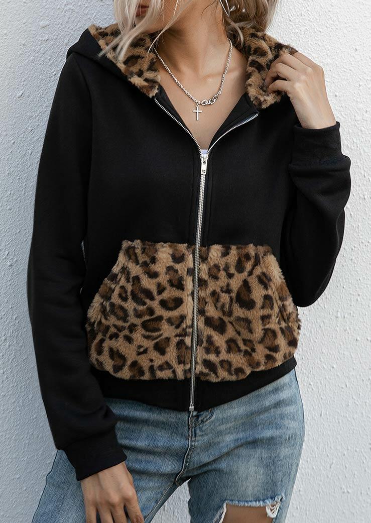 

Leopard Pocket Zipper Double-Sided Fleece Hooded Coat - Black, 481476