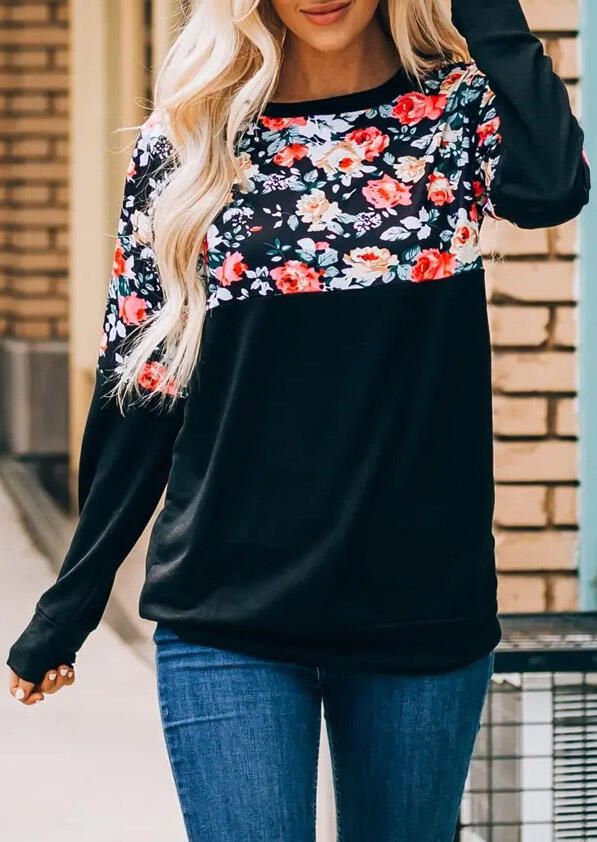 

Color Block Floral Splicing Long Sleeve Blouse - Black, 481534