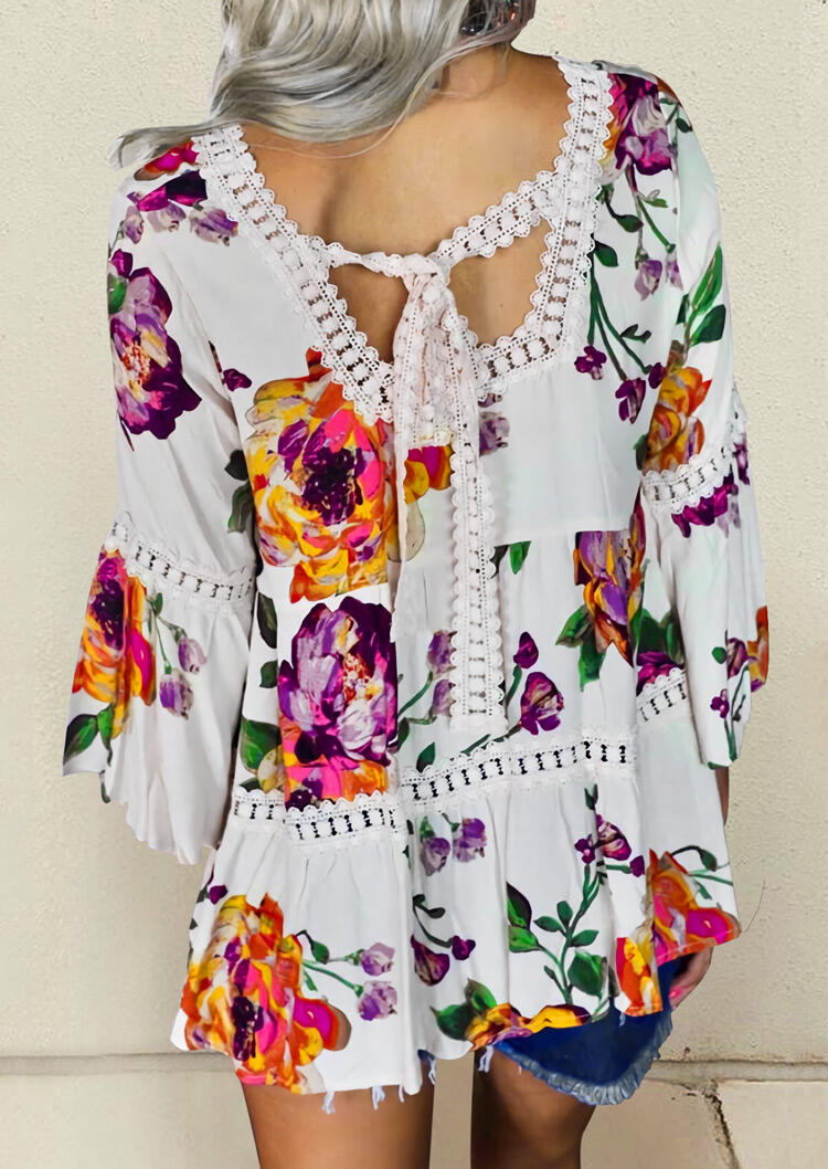 

Lace Floral Splicing Hollow Out Flare Sleeve Blouse - White, 481736
