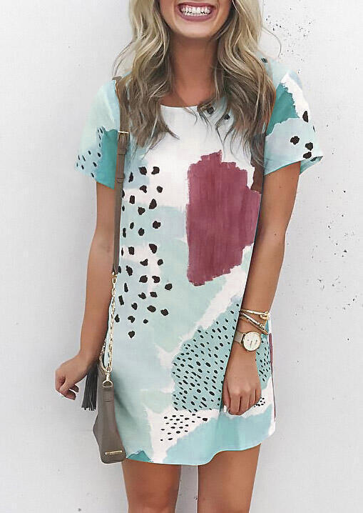 

Leopard Splicing Color Block Mini Dress - Light Green, 481757
