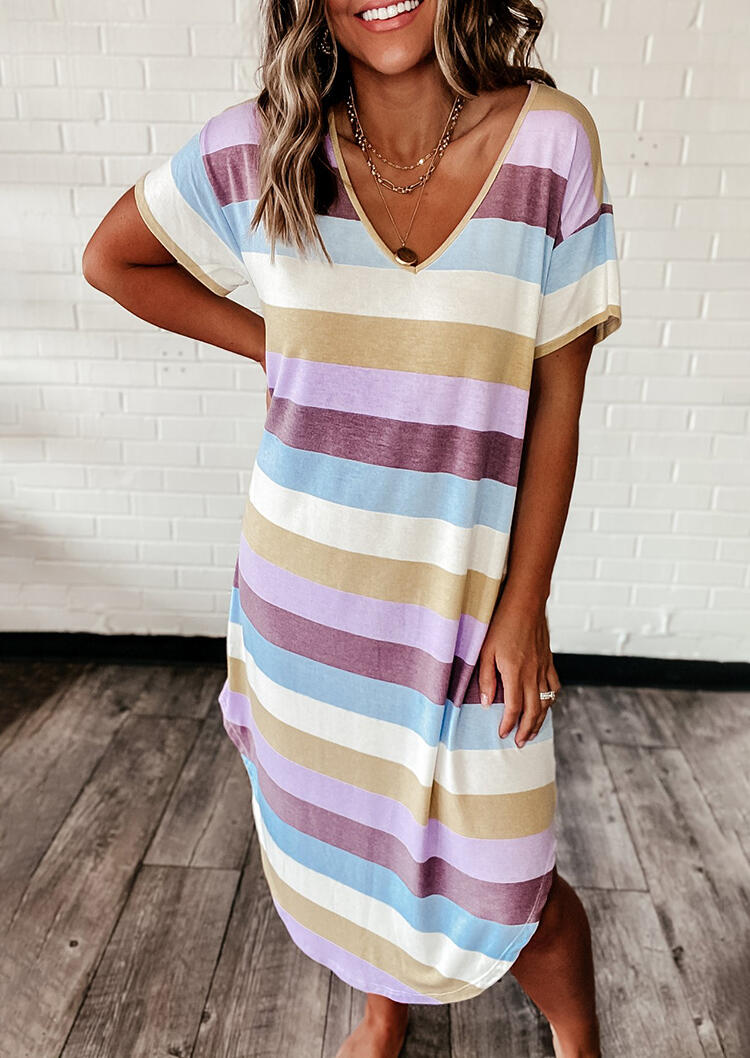 

Colorful Striped Asymmetric Casual Dress, Stripe, 481999