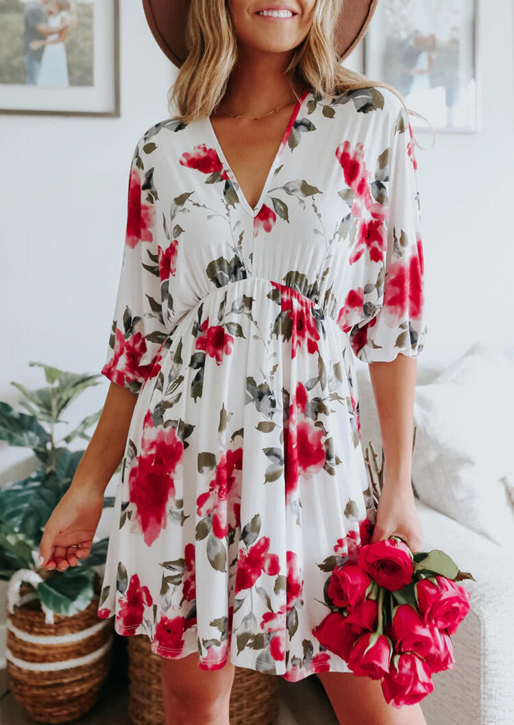 

Floral Open Back Tie Elastic Cuff Mini Dress, Multicolor, 482003