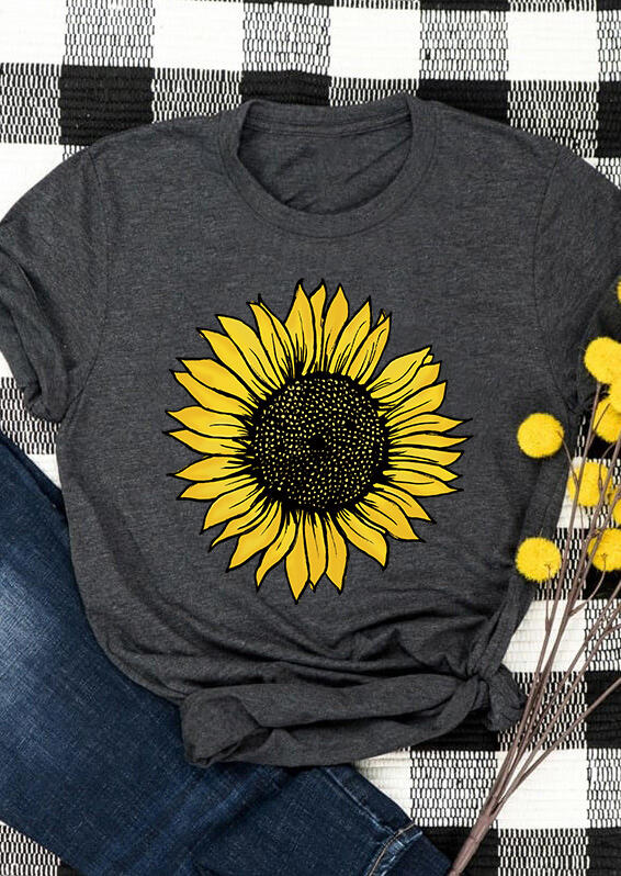 Western Sunflower O-Neck T-Shirt Tee - Dark Grey - Bellelily