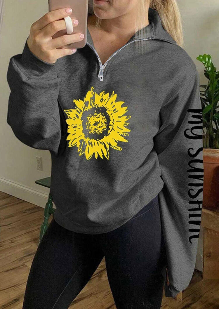 

My Sunshine Sunflower Zipper Collar Sweatshirt - Gray, 480340