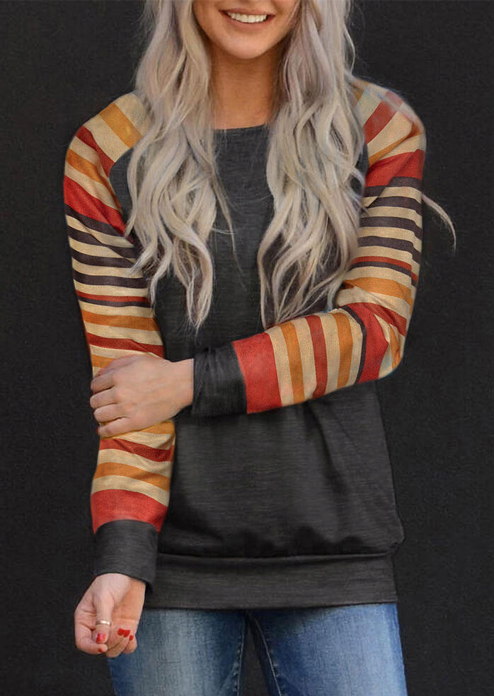 

Color Block Striped O-Neck Blouse - Dark Grey, 480664