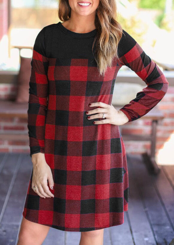 

Buffalo Plaid Splicing Long Sleeve Mini Dress, 480996