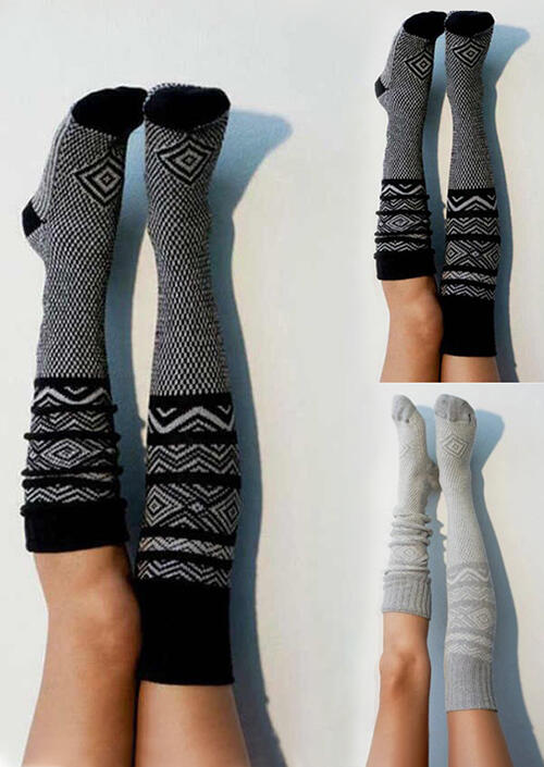 

Geometric Knee-High Knitted Warm Socks, Gray, 481215