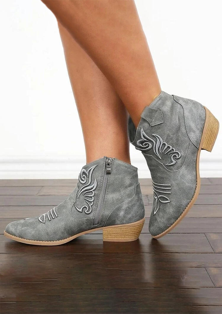 Western Cowgirl Slip On Chunky Heel Ankle Boots Gray Bellelily