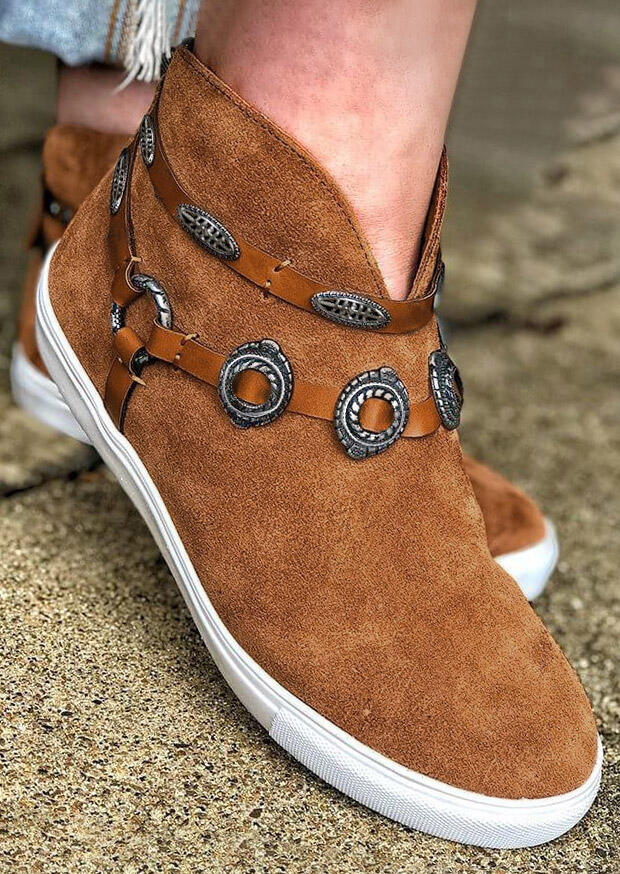 

Button Slip On Round Toe Flat Sneakers - Brown, 481473