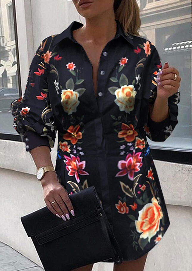 

Floral Button Long Sleeve Mini Dress, Multicolor, 481509