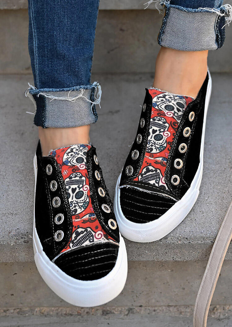 

Halloween Skull Floral Slip On Canvas Sneakers, Black, 481538