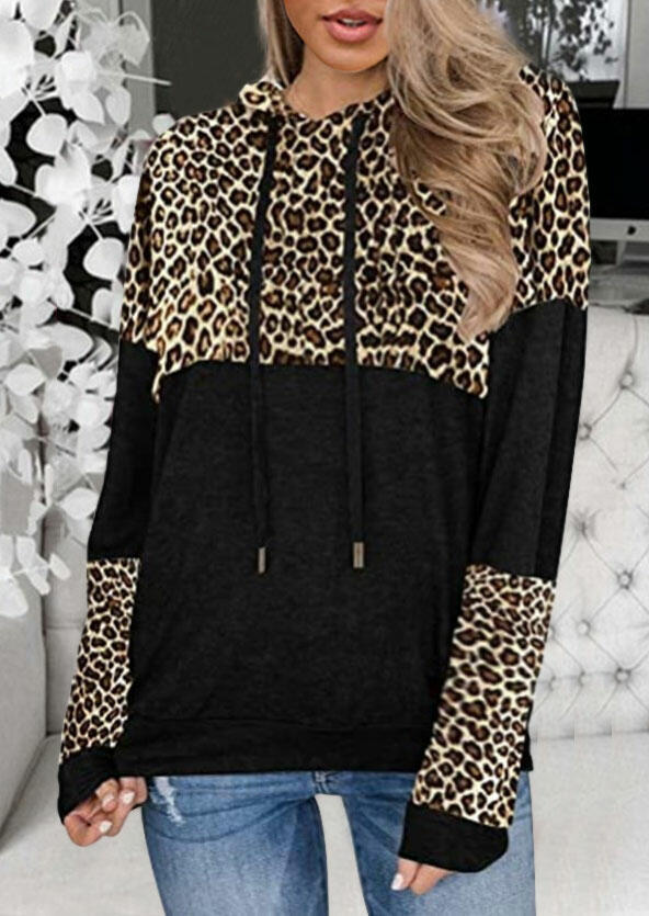 

Leopard Color Block Splicing Drawstring Hoodie - Black, 481733