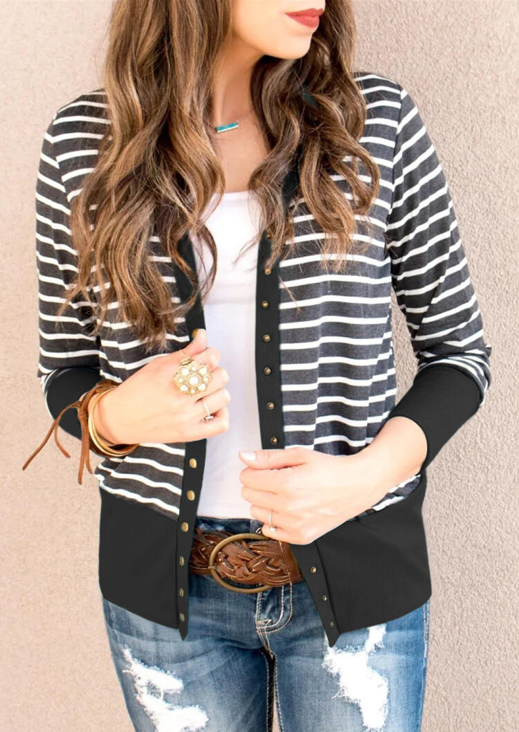 

Striped Button Long Sleeve Cardigan, Stripe, 481807