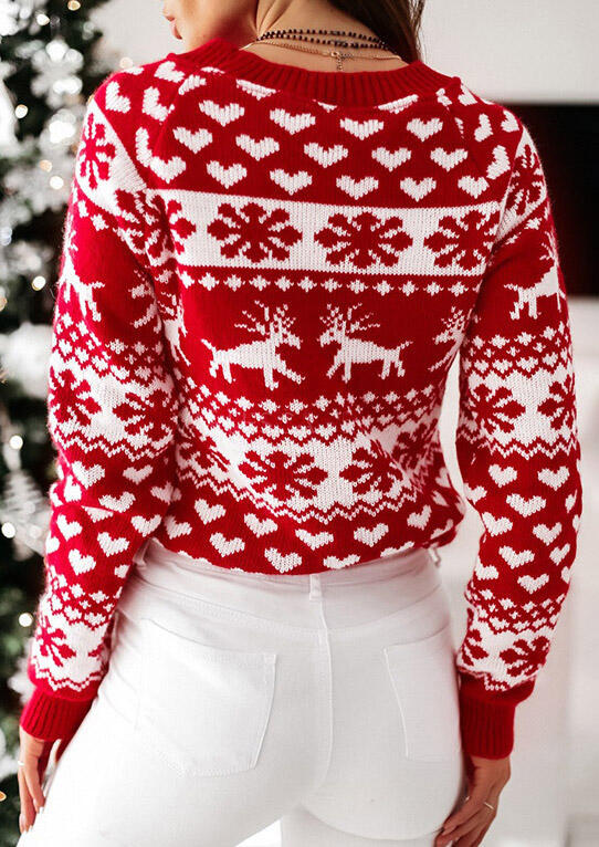 Christmas Reindeer Snowflake Heart Knitted Sweater - Red - Bellelily