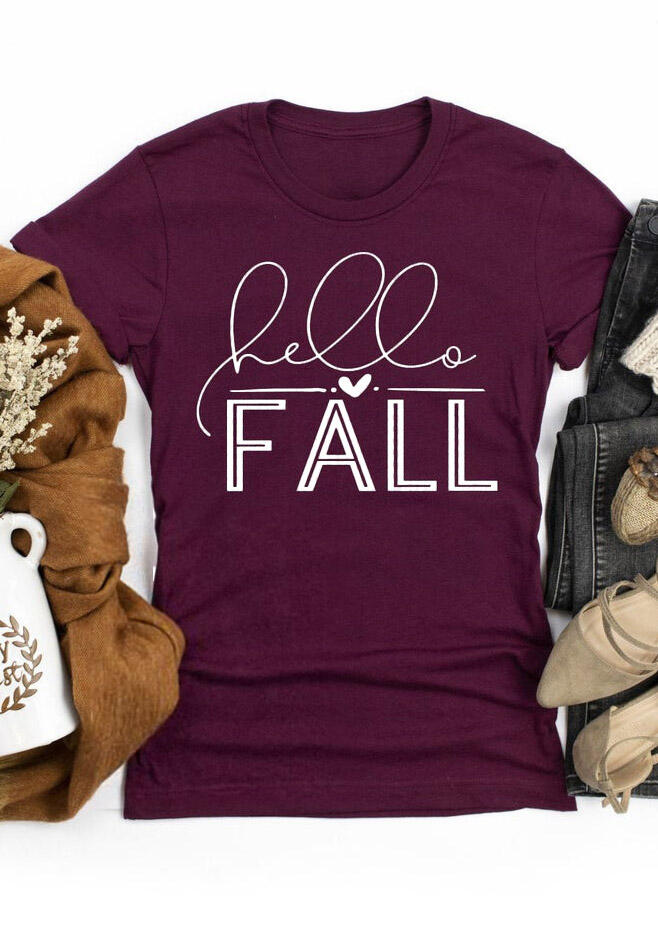 

Hello Fall Heart O-Neck T-Shirt Tee - Plum, 482014