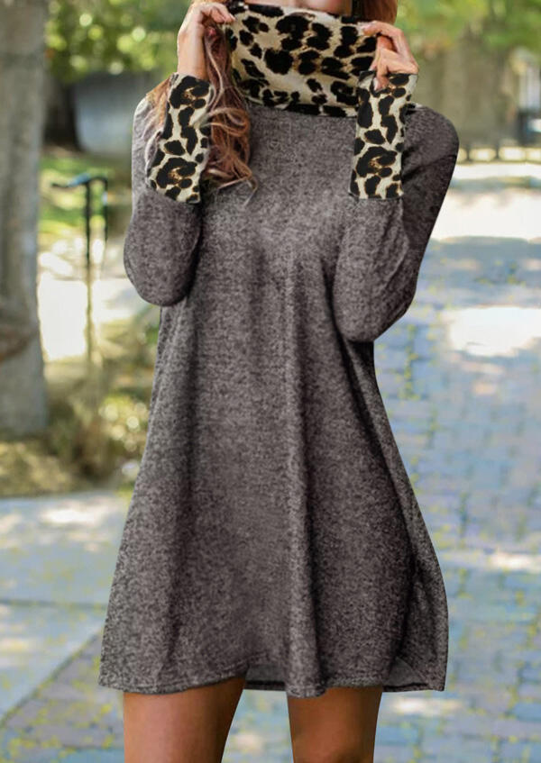 Leopard Splicing Turtleneck Mini Dress - Gray