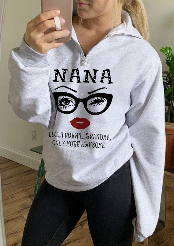 

Nana Eyeglasses Lips Zipper Collar Sweatshirt - Light Grey, 482278