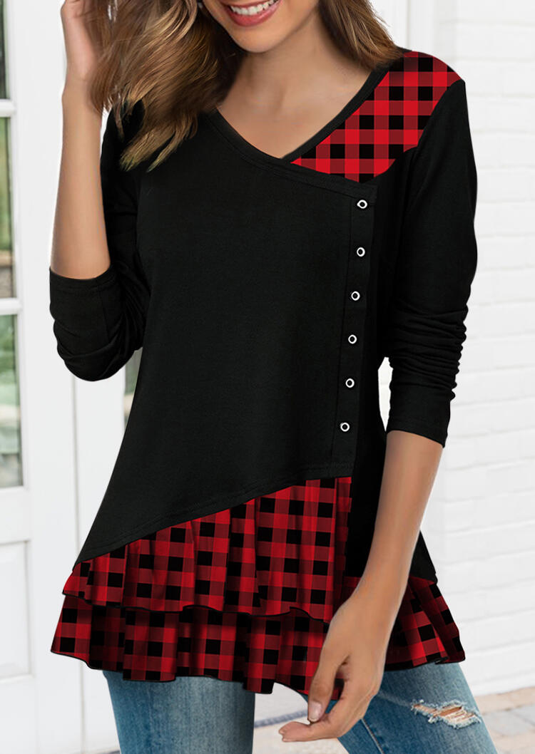 

Plaid Splicing Button Ruffled Asymmetric V-Neck Blouse - Black, 480536