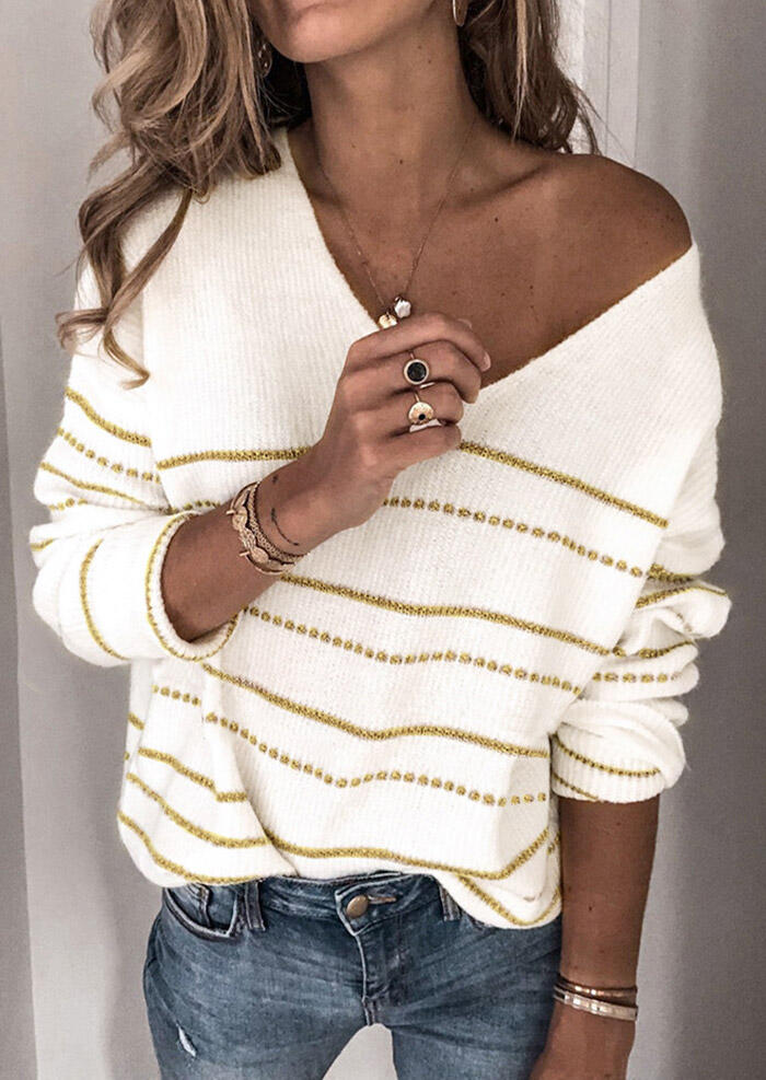 

Striped V-Neck Knitted Loose Sweater - White, 482015