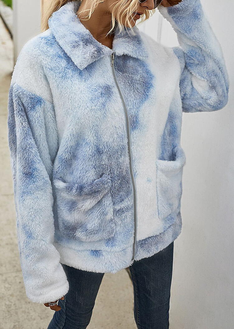 

Tie Dye Pocket Zipper Drop Shoulder Fleece Coat, Multicolor, 482021