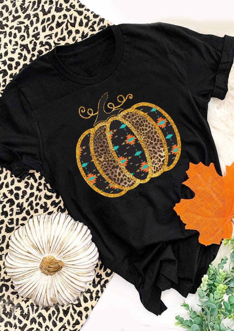 

Leopard Aztec Geometric Pumpkin T-Shirt Tee - Black, 482044