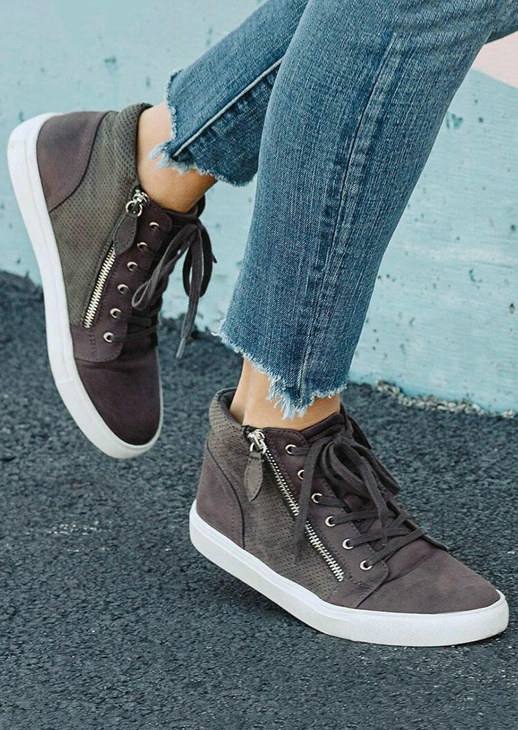 

Zipper Lace Up Flat Sneakers, Dark grey, 482069