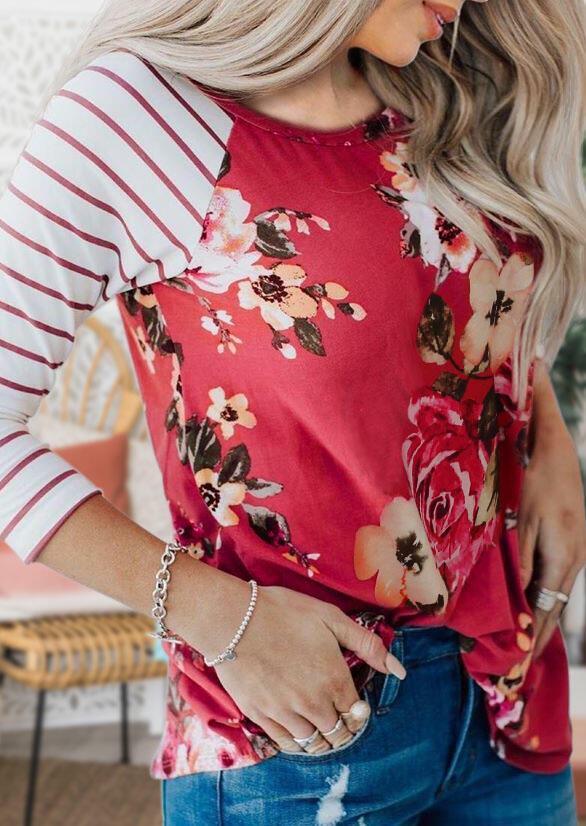 

Floral Striped Splicing O-Neck Casual Blouse - Red, 480807