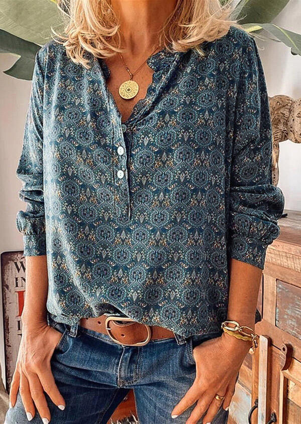 

Vintage Floral Button Long Sleeve Blouse - Deep Blue, 482294