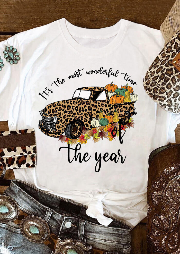 

Thanksgiving Leopard Truck Pumpkin Maple Leaf Letter T-Shirt Tee - White, 482405