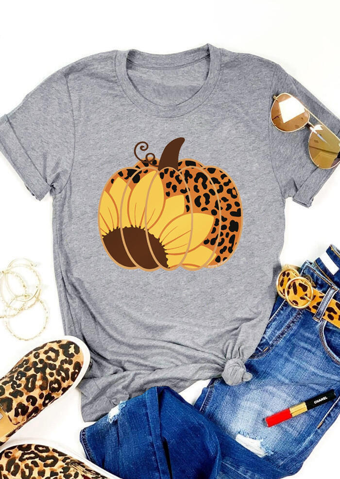 

Sunflower Leopard Pumpkin O-Neck T-Shirt Tee - Gray, 482426