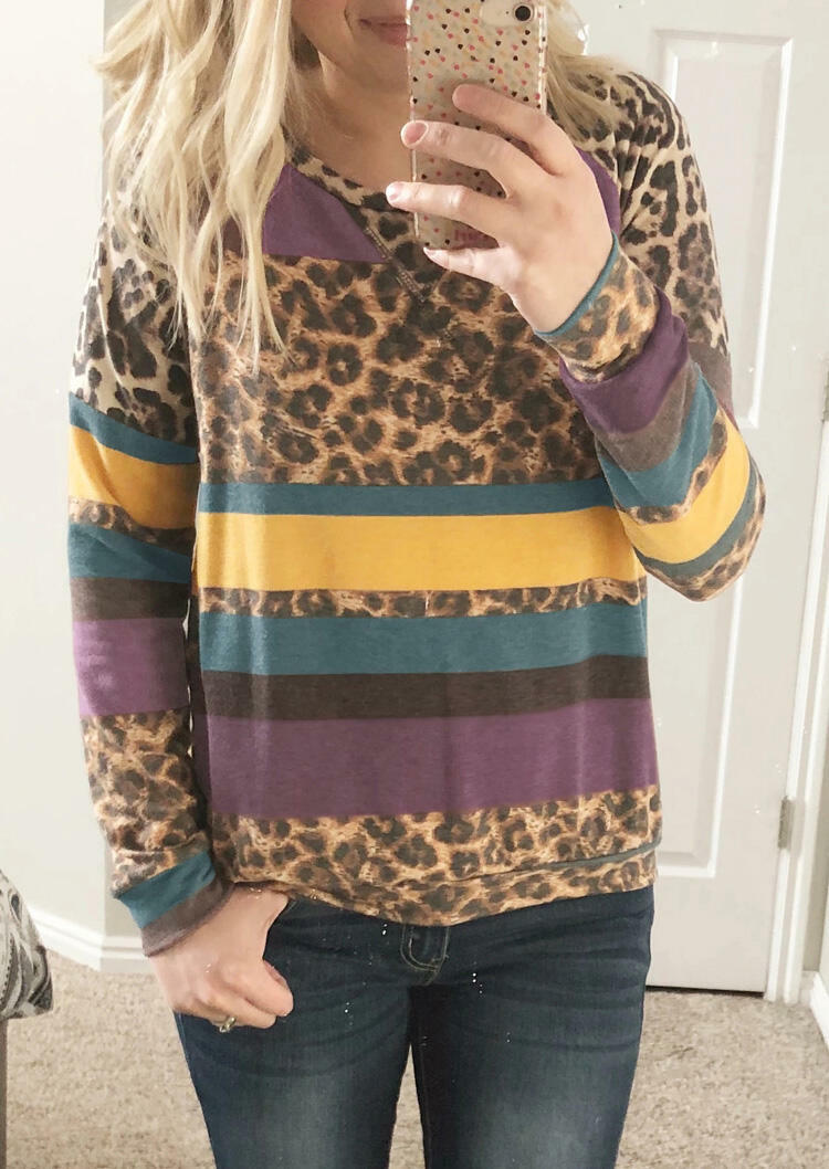 

Colorful Striped Splicing Leopard Sweatshirt, Multicolor, 479583